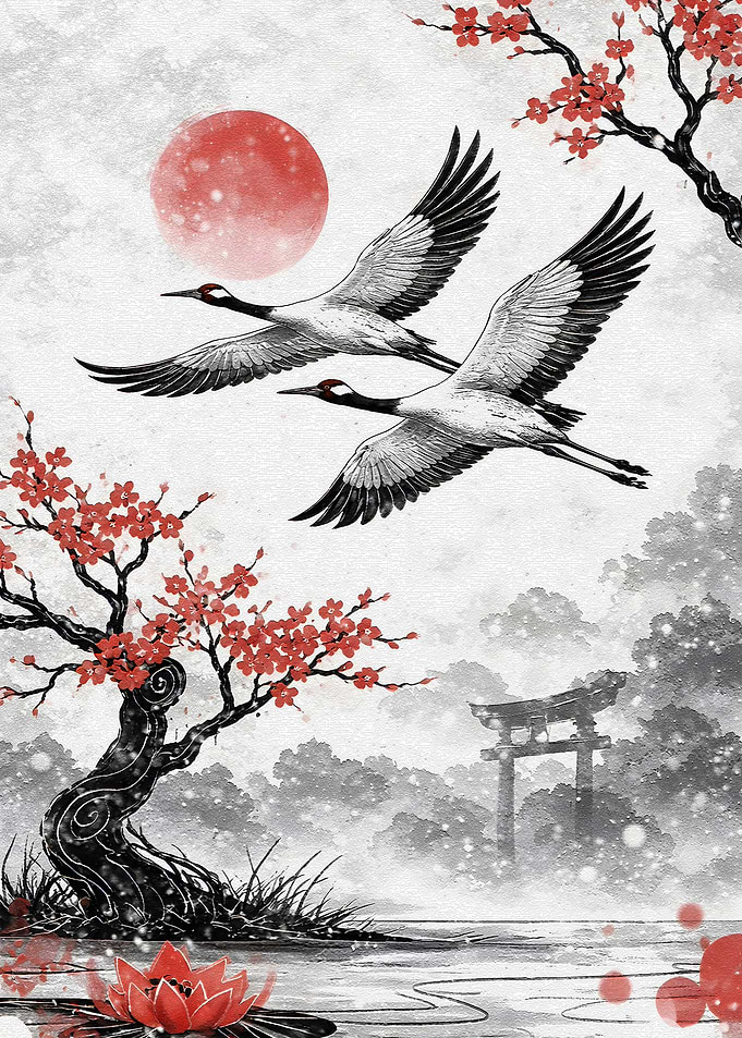 Cranes flying over a Japanese landscape