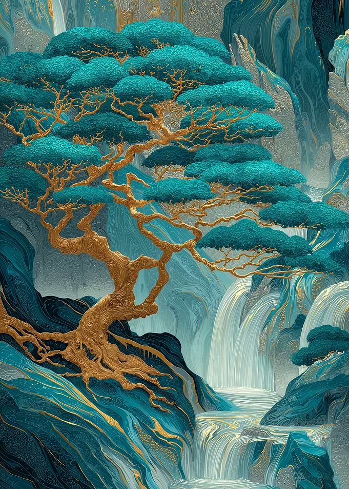 Golden Bonsai Tree by Waterfall
