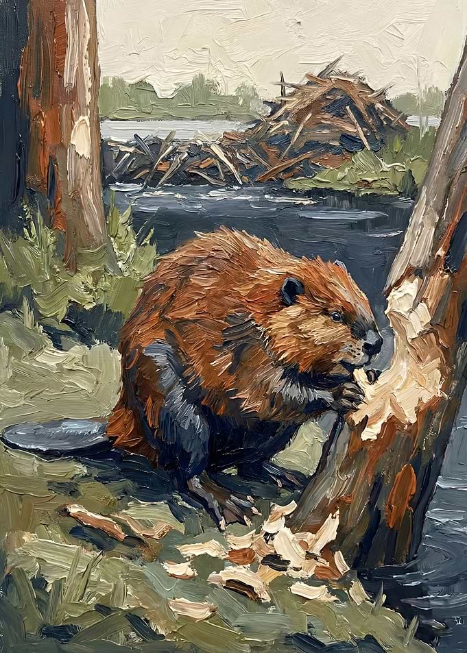 Beaver Gnawing on a Tree Trunk