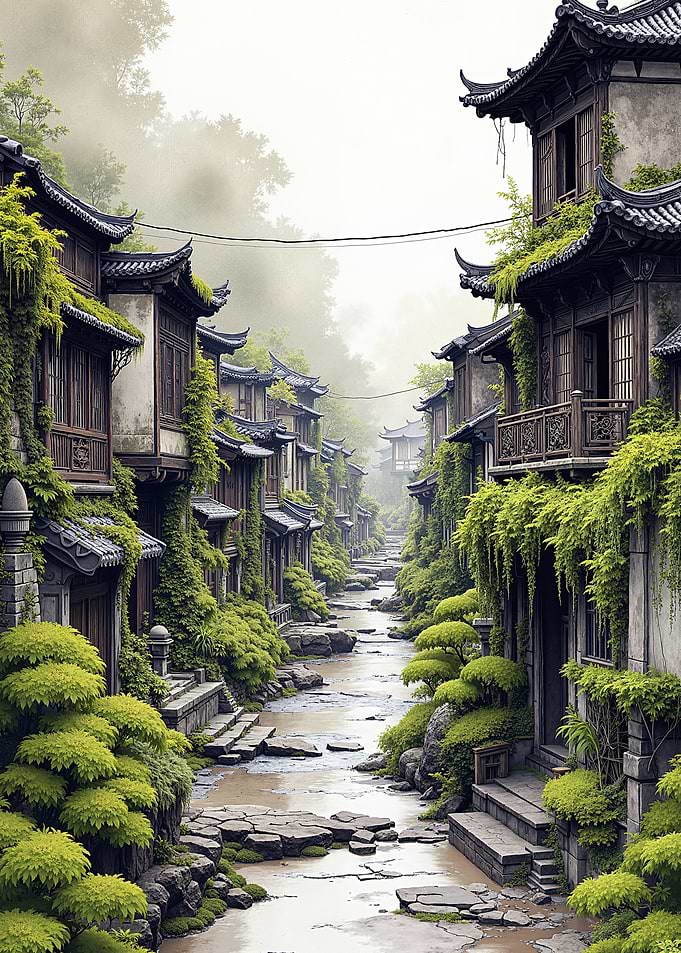 Misty Asian Village with Waterway