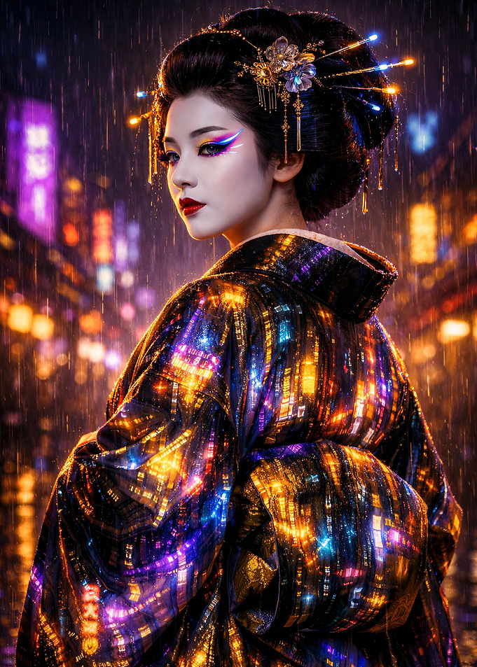 Geisha in Neon City Rain