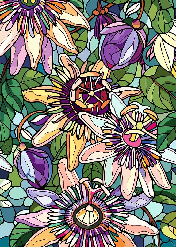 Vibrant Passion Flowers and Leaves