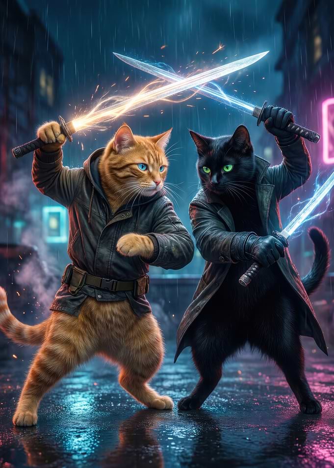 Cats with glowing swords in the rain