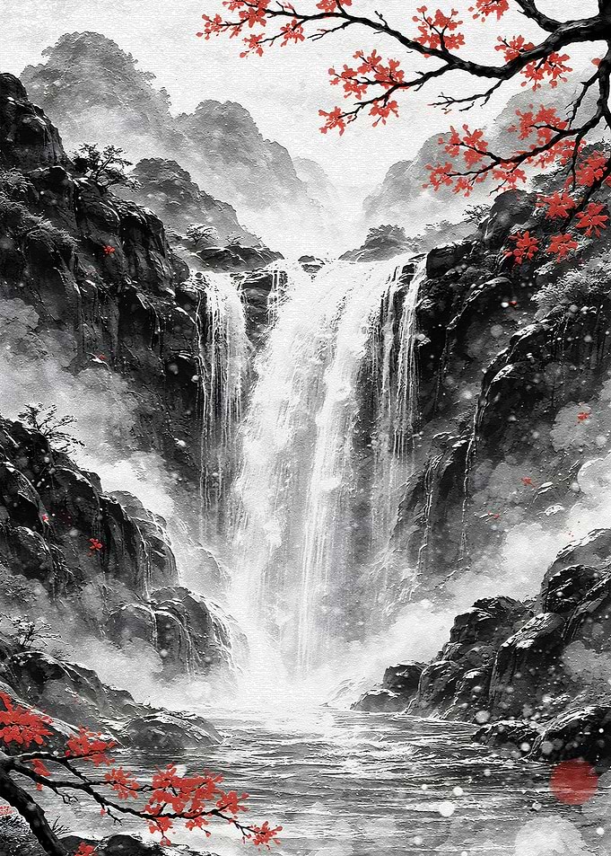 Misty Waterfall with Red Maple Leaves