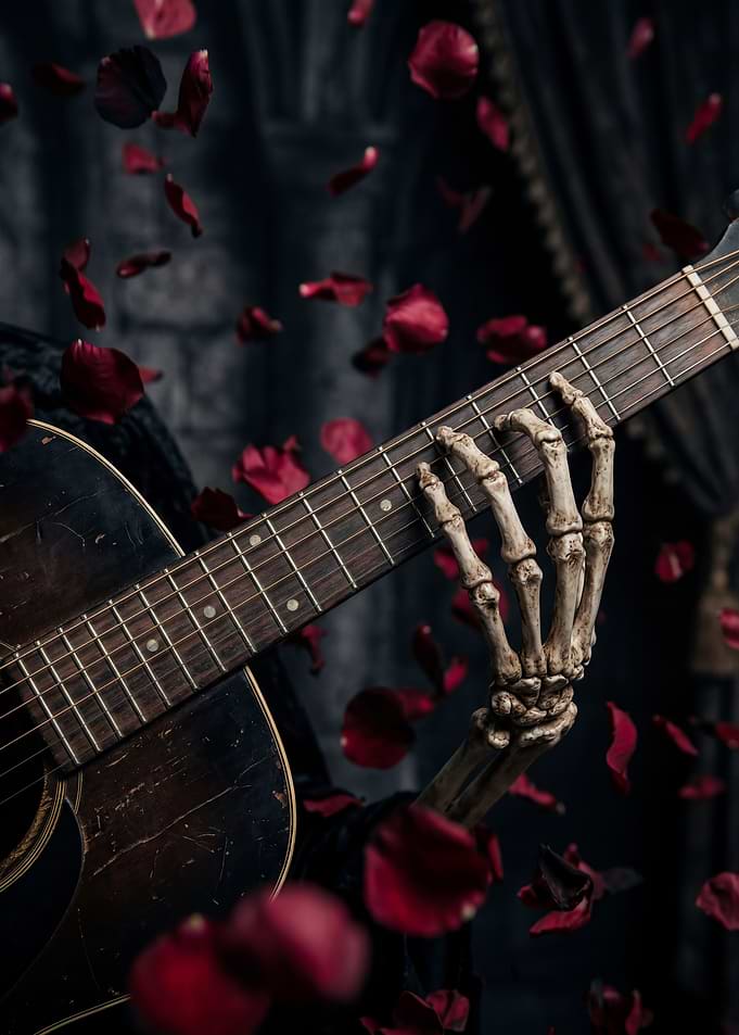 Skeleton Hand Playing Guitar with Rose Petals