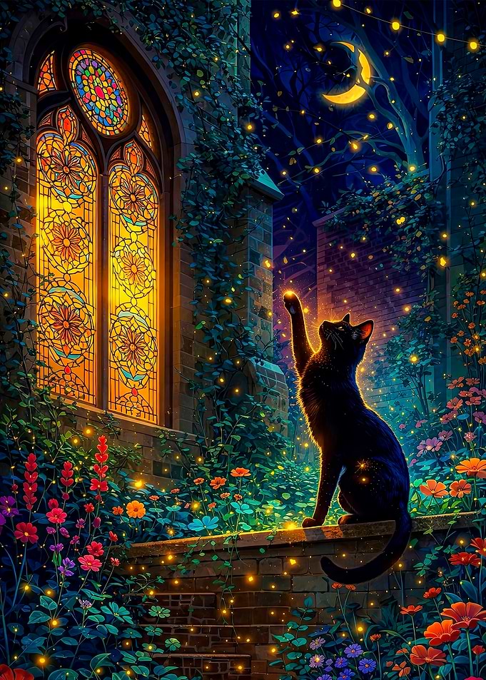 Black Cat Reaching for Stars