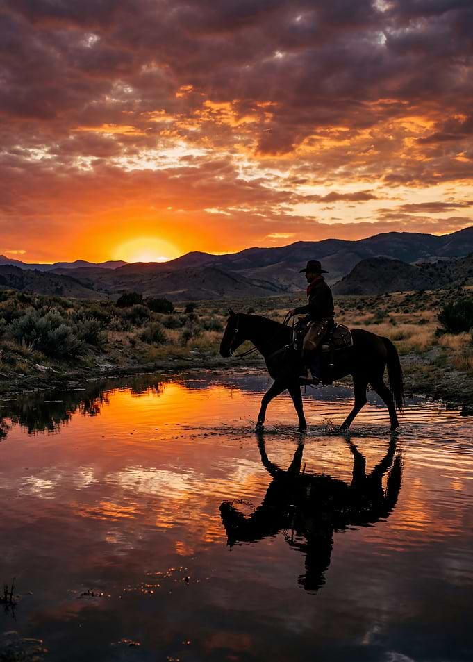 Cowboy riding horse at sunset