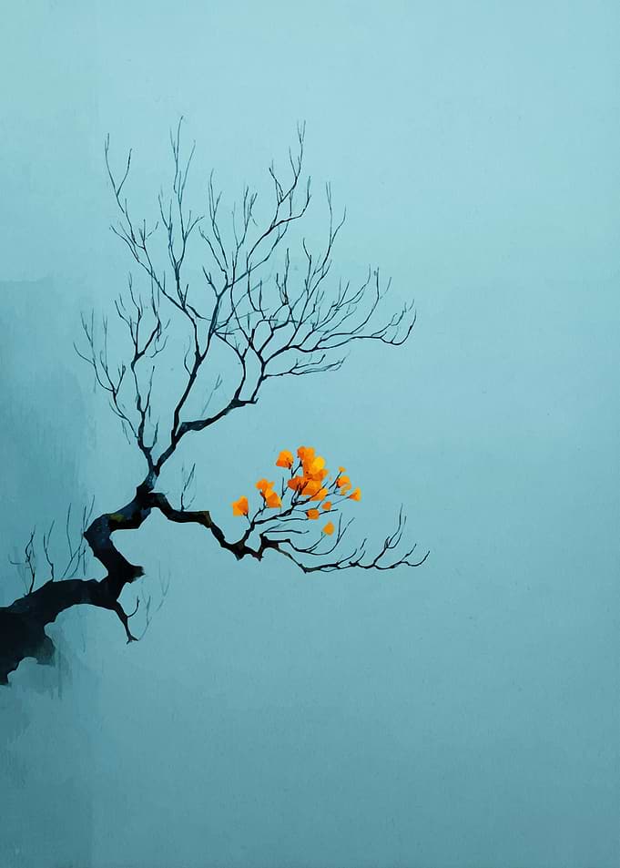 Bare Tree with Orange Blossoms