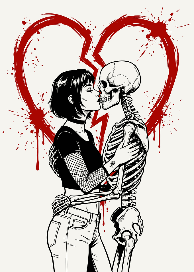 girl kissing skeleton