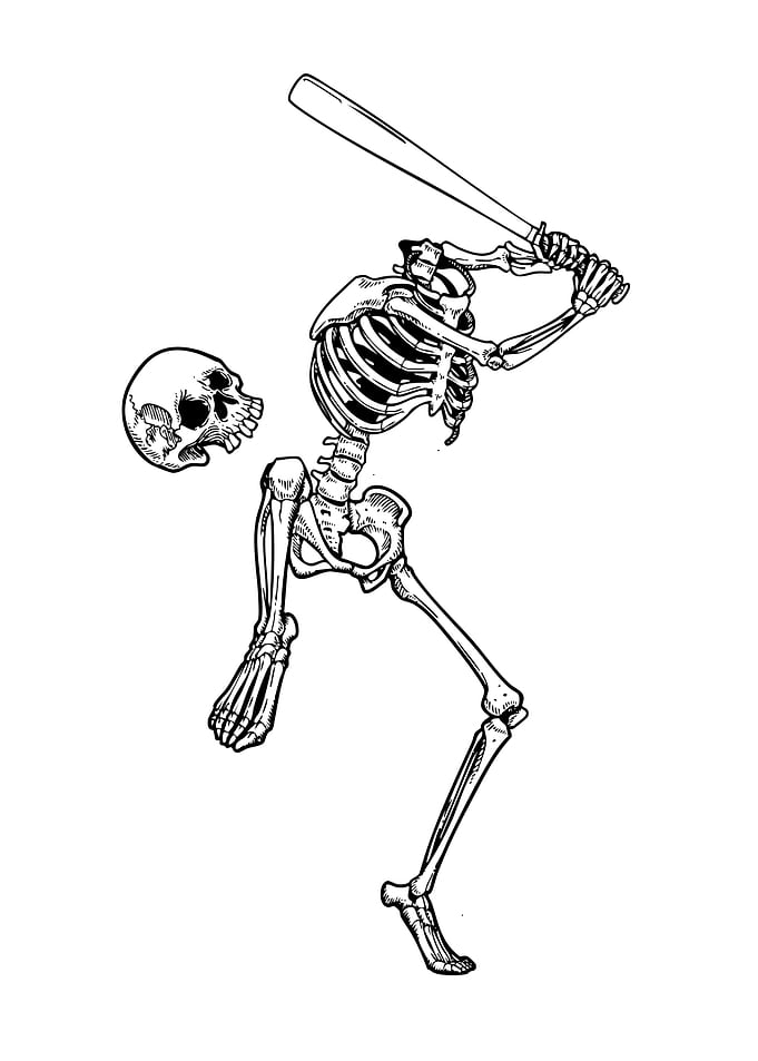 Skeleton playing baseball
