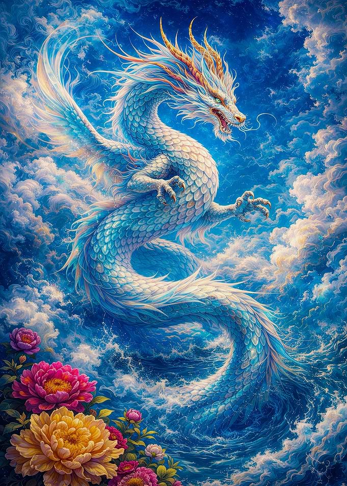 Majestic White Dragon in Clouds