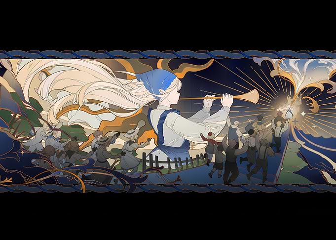 Girl with Trumpet Leading a Crowd