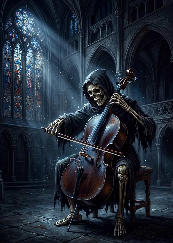 Grim Reaper Plays Cello in Church