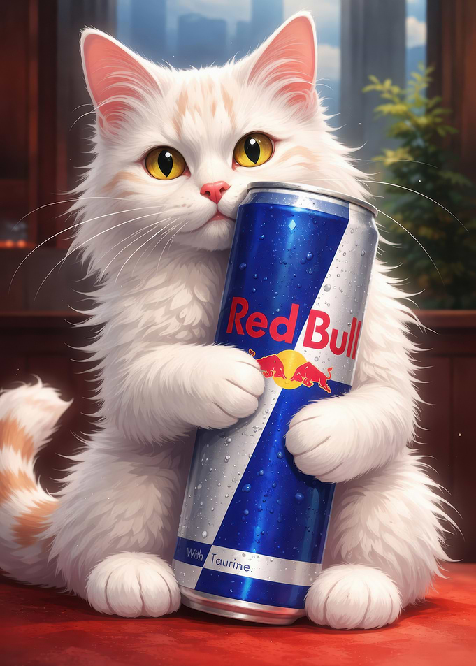 Fluffy Cat Hugging Red Bull Can