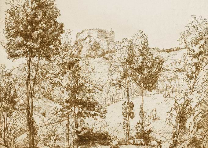Sketch of a Ruined Castle on a Hillside