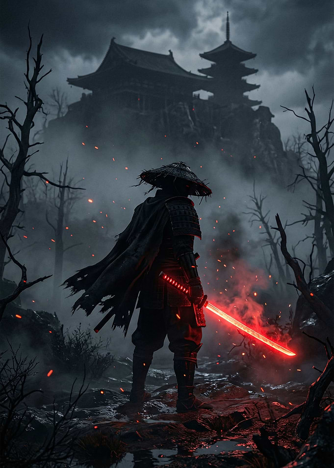 Samurai with glowing sword in a dark forest
