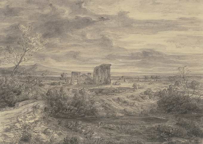 Ruined castle in a pastoral landscape