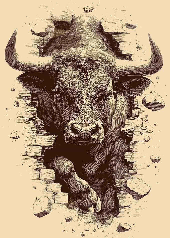 Bull Breaking Through Wall