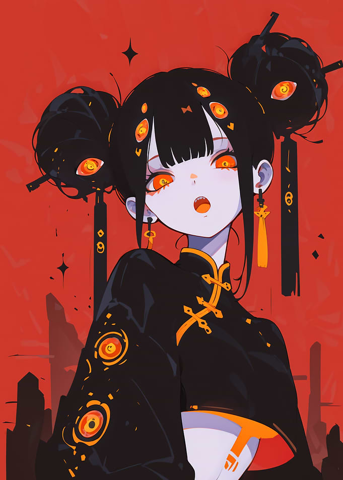 Anime Girl with Orange Eyes and Black Hair