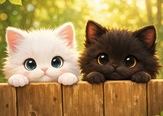 Two Cute Kittens Peeking Over Fence
