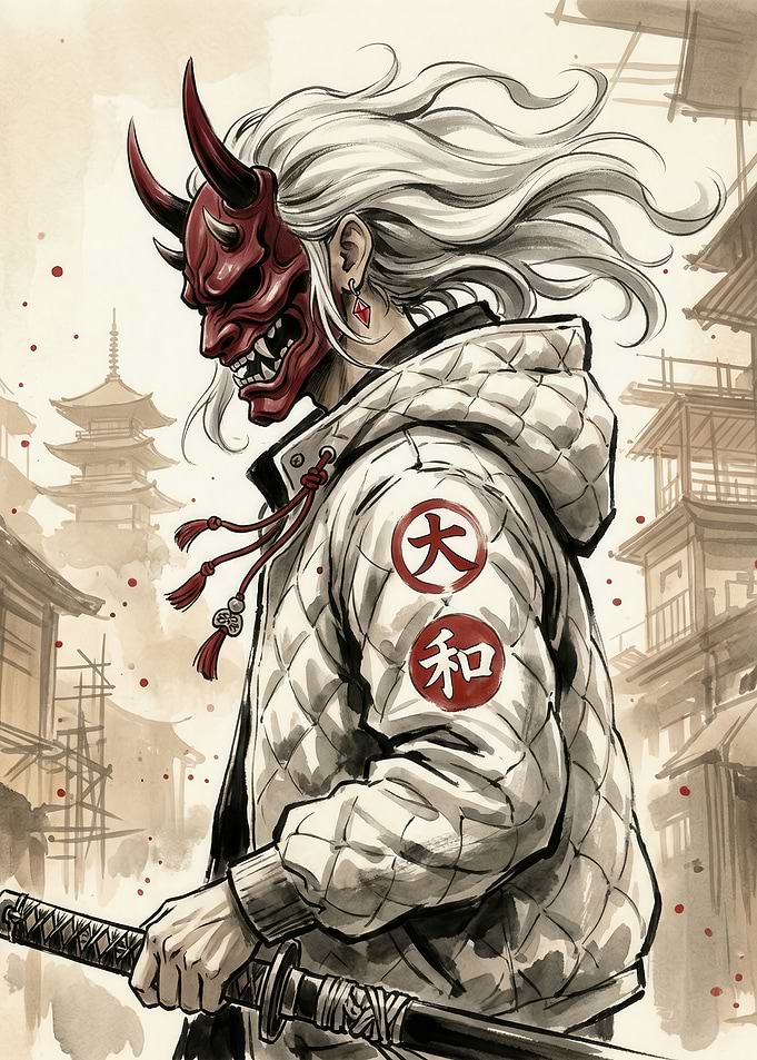 Samurai with Oni Mask and Katana