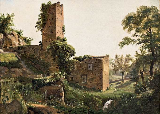 Ancient Ruined Tower in a Verdant Landscape