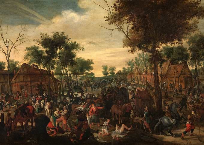 17th Century Village Scene with Many Figures