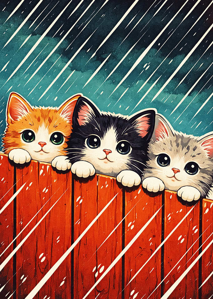 Three Cute Kittens Peeking Over a Fence