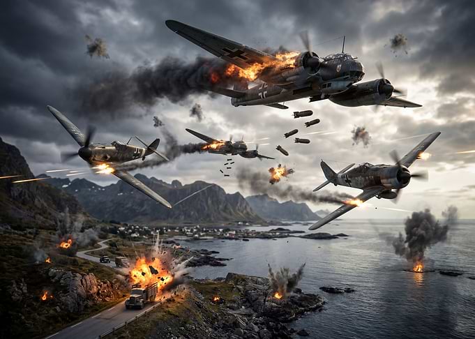 World War II Aerial Combat Over Coastal Town