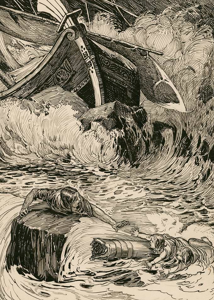 Shipwrecked survivors in a storm