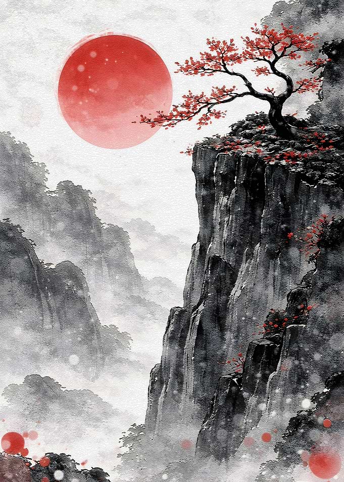 Misty Mountains with Cherry Blossom Tree
