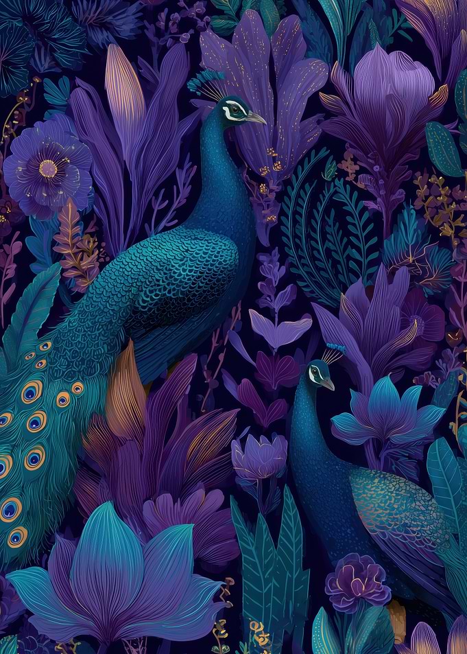 Peacocks in a Lush Floral Garden