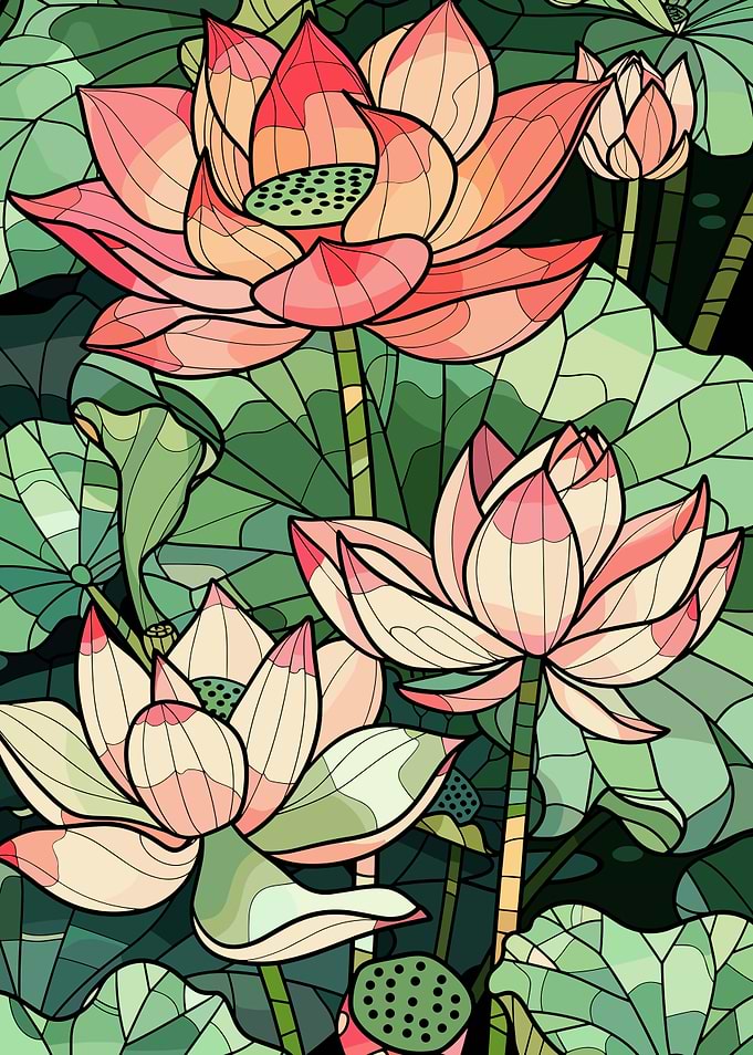 Pink Lotus Flowers and Leaves
