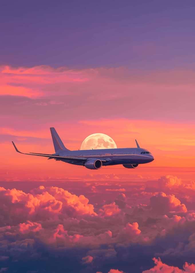 Airplane flying through sunset clouds