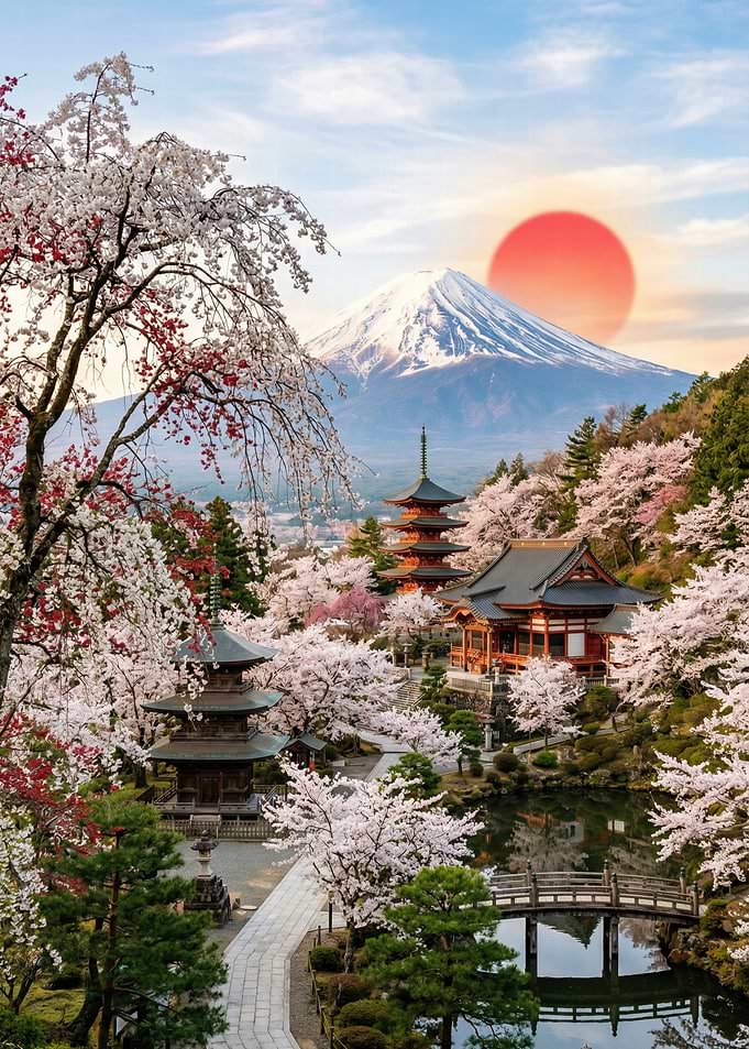 Mount Fuji with Cherry Blossoms and Pagodas