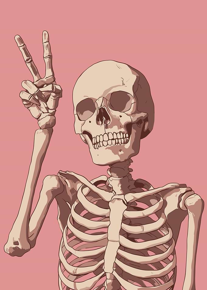 Skeleton making peace sign