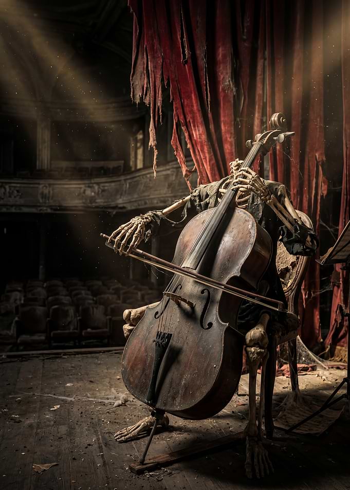 Skeleton Cellist in Abandoned Theater
