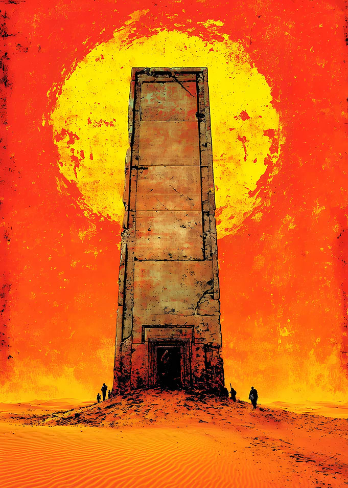 Monolith in a Desert Under a Giant Sun