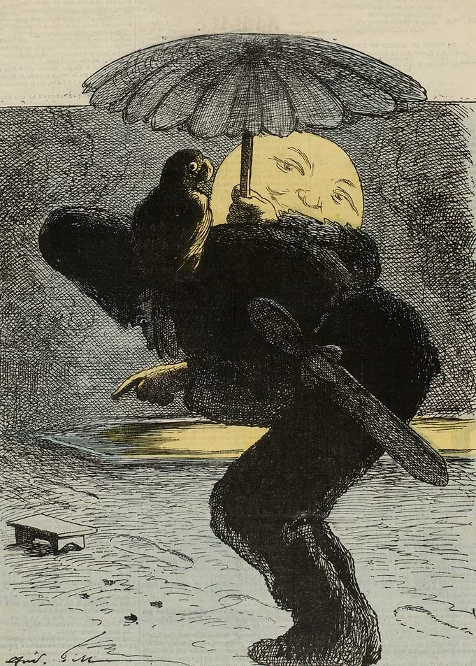 Surreal figure with owl under umbrella