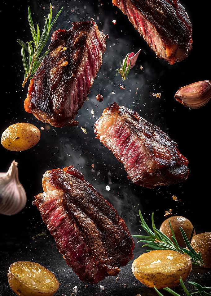 Steak and Potatoes in Mid-Air