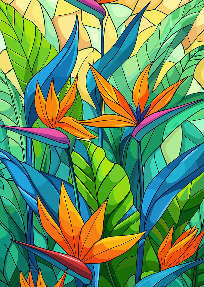 Vibrant Bird of Paradise Flowers and Leaves