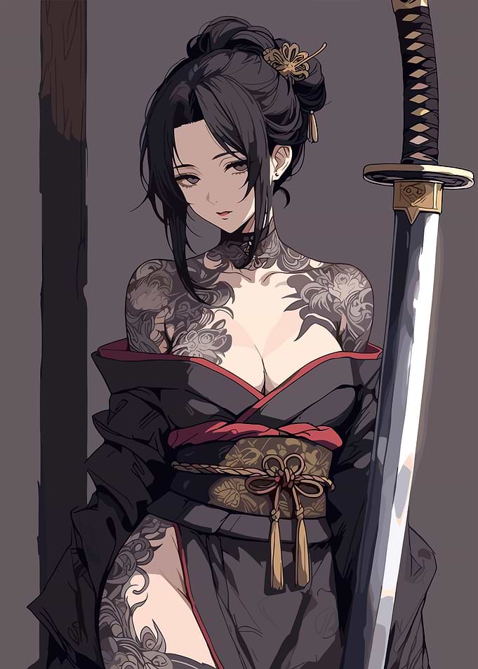 Tattooed Woman in Kimono with Katana