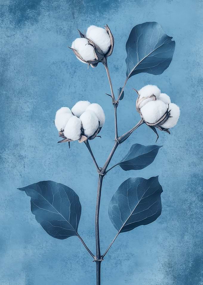 Antique Cotton Botanical Illustration Wall Art | Cotton branch with blue leaves