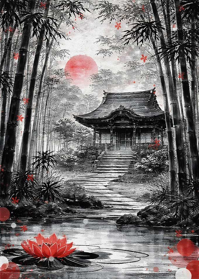 Japanese Temple in Bamboo Forest