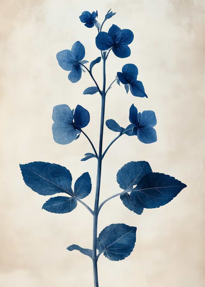 Blue Cyanotype of a Flowering Plant | Vintage Wild Mustard Botanical Wall Art
