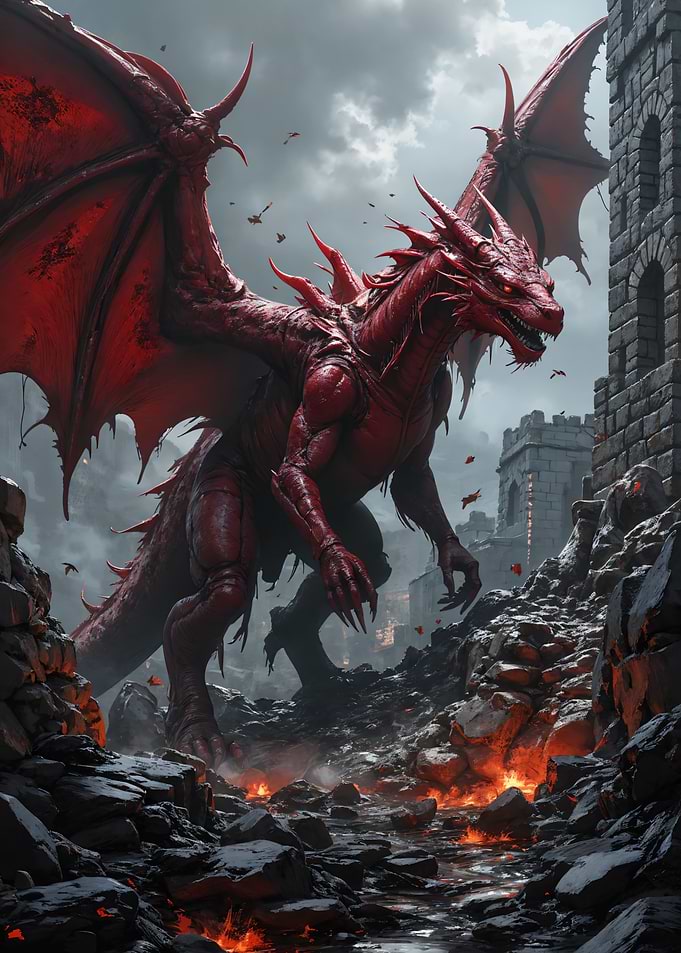 Red Dragon in Ruined Castle