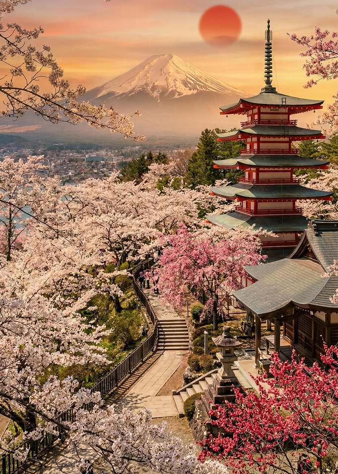 Mount Fuji Pagoda Cherry Blossoms Sunset