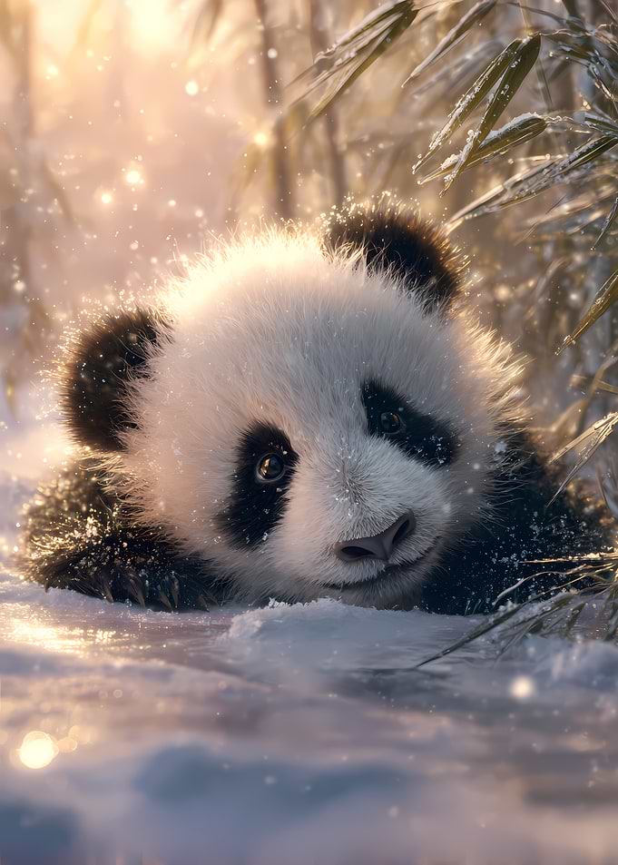Cute Panda in Snowy Bamboo Forest