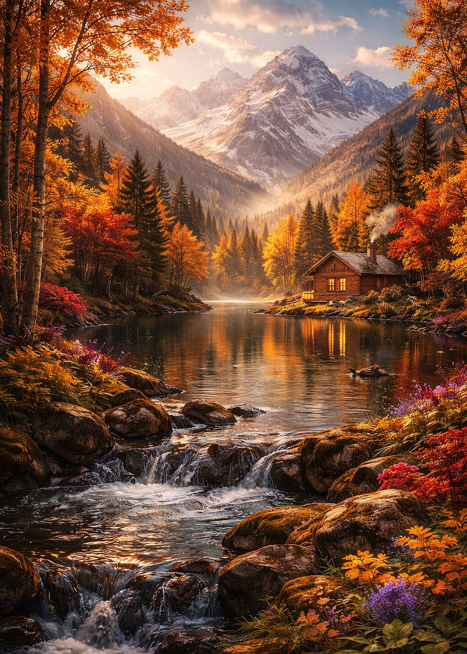 Autumn Mountain Cabin by the Lake