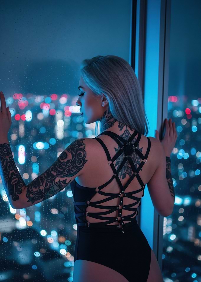 Woman in Harness Looking at Cityscape